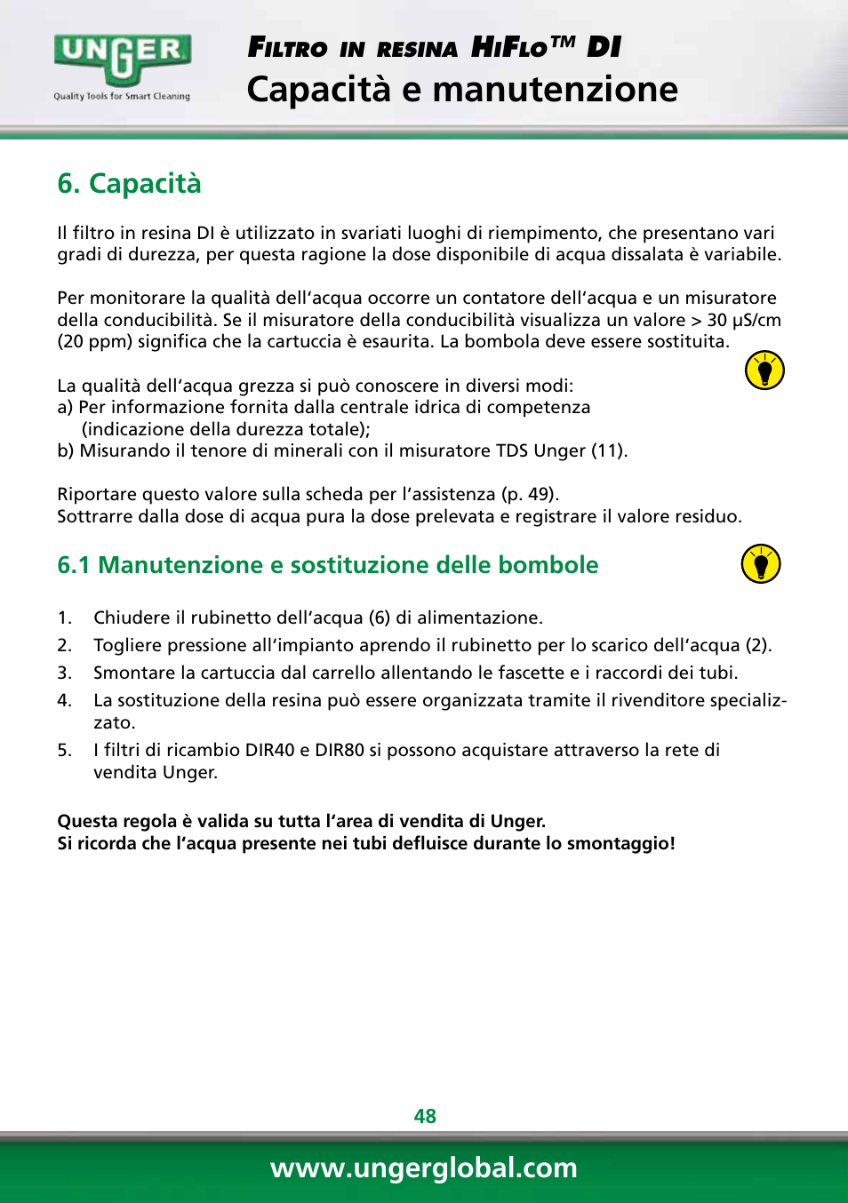 Capacità e manutenzione, Capacità | Unger DI400 User Manual | Page 48 / 52