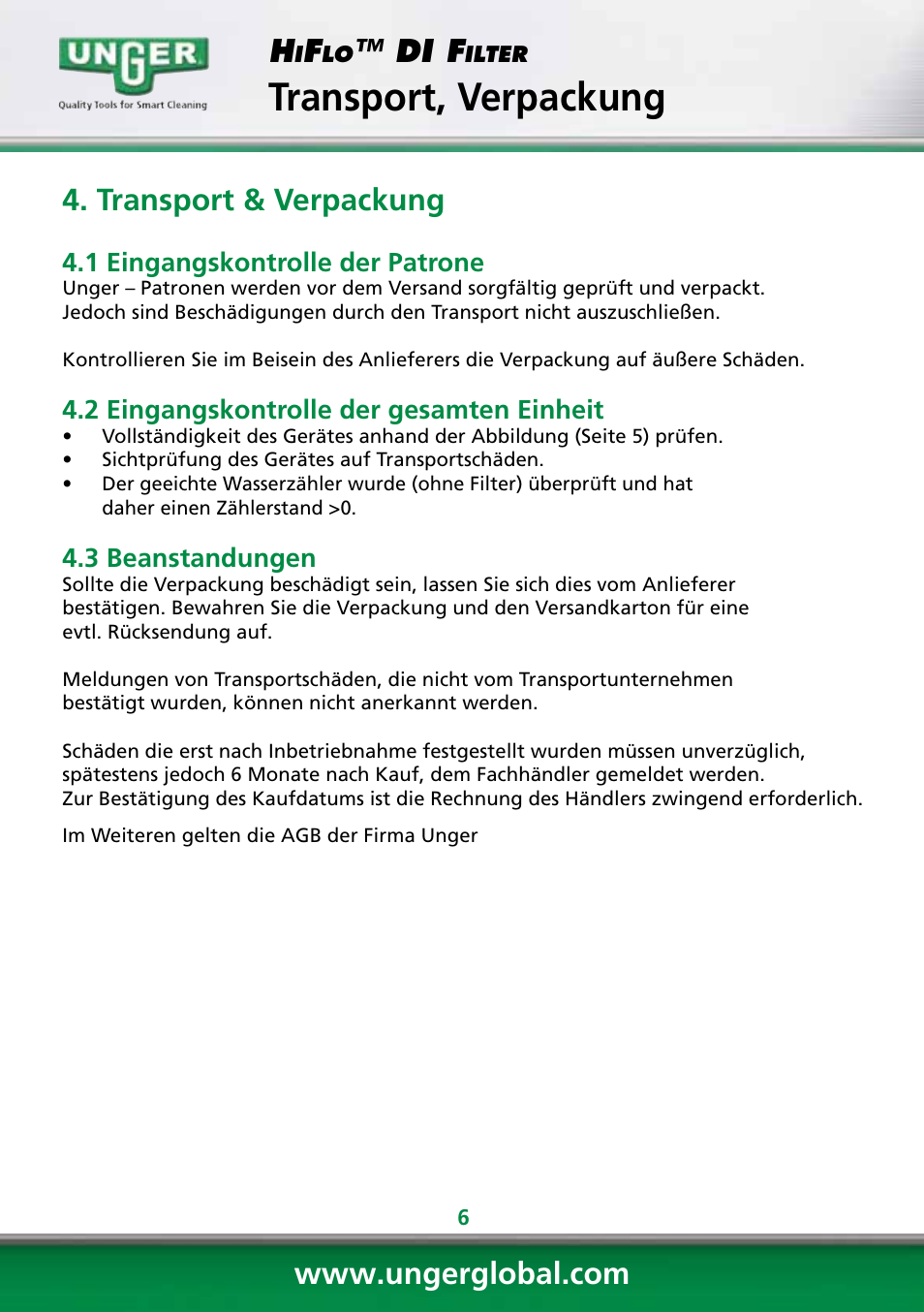 Transport, verpackung, Di f, Transport & verpackung | Unger DI400 User Manual | Page 6 / 52