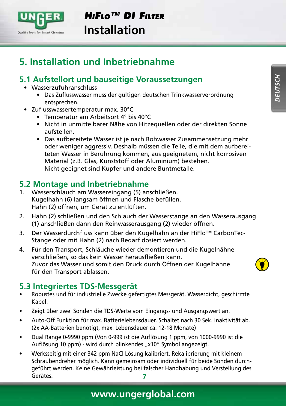 Installation, Di f, Installation und inbetriebnahme | 1 aufstellort und bauseitige voraussetzungen, 2 montage und inbetriebnahme, 3 integriertes tds-messgerät | Unger DI400 User Manual | Page 7 / 52