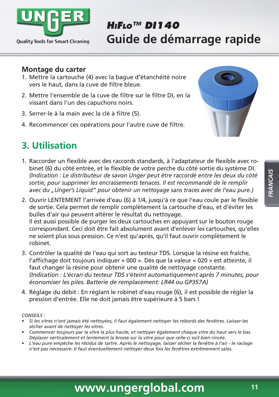 Guide de démarrage rapide, Di140, Utilisation | Unger DI140 User Manual | Page 11 / 28