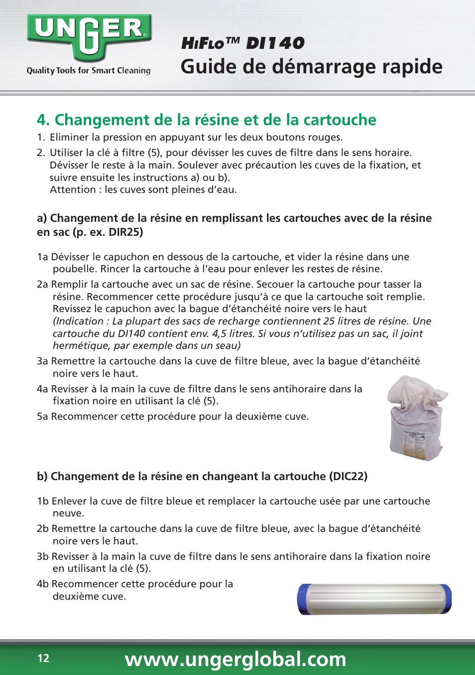 Guide de démarrage rapide, Di140, Changement de la résine et de la cartouche | Unger DI140 User Manual | Page 12 / 28