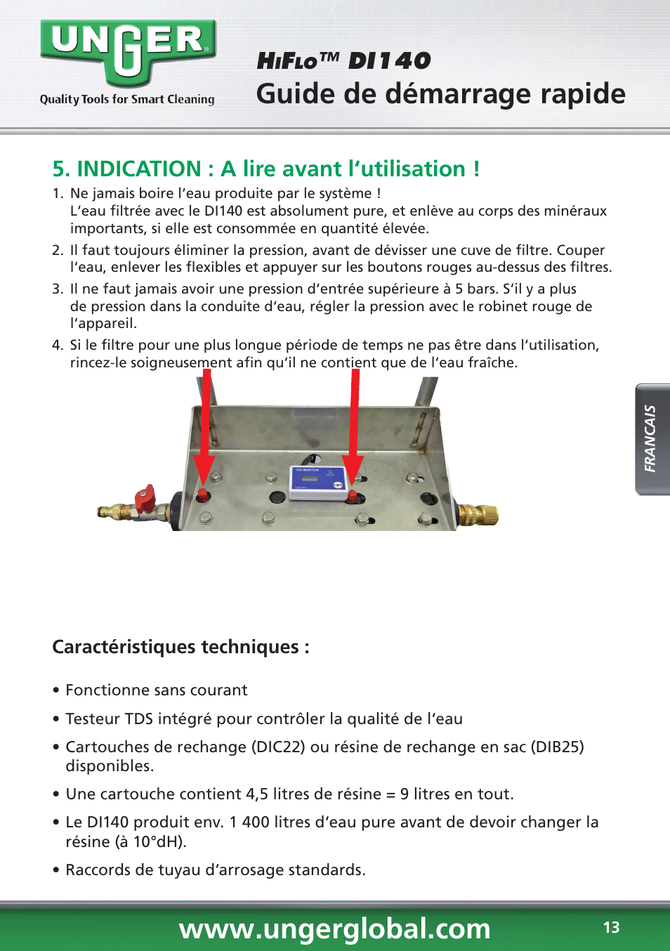 Guide de démarrage rapide, Di140, Indication : a lire avant l‘utilisation | Unger DI140 User Manual | Page 13 / 28