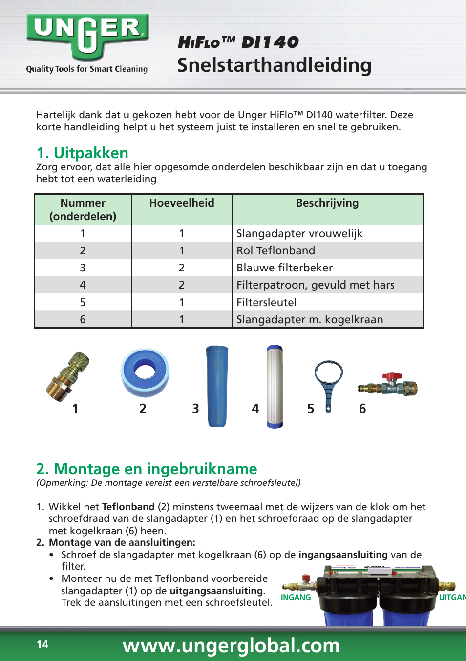 Snelstarthandleiding, Di140, Uitpakken | Montage en ingebruikname | Unger DI140 User Manual | Page 14 / 28
