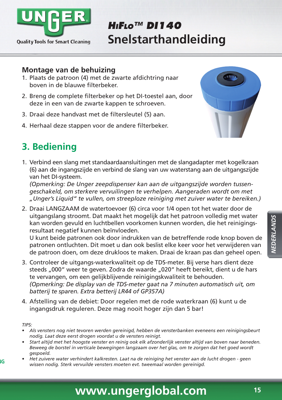 Snelstarthandleiding, Di140, Bediening | Unger DI140 User Manual | Page 15 / 28