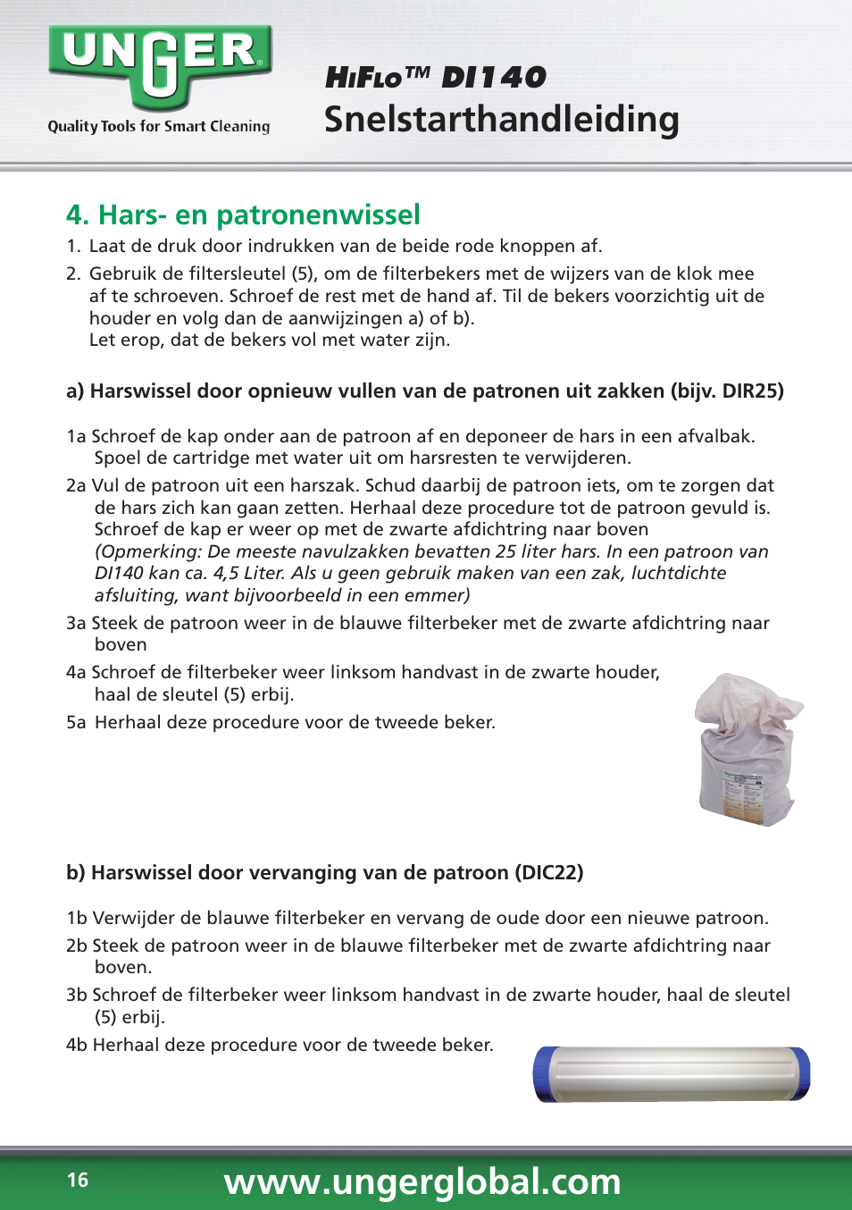 Snelstarthandleiding, Di140, Hars- en patronenwissel | Unger DI140 User Manual | Page 16 / 28