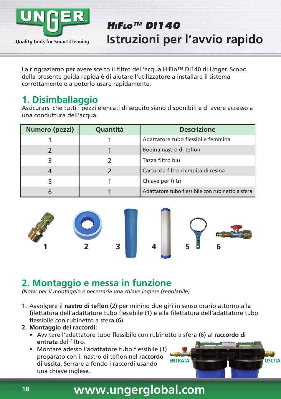Istruzioni per l’avvio rapido, Di140, Disimballaggio | Montaggio e messa in funzione | Unger DI140 User Manual | Page 18 / 28