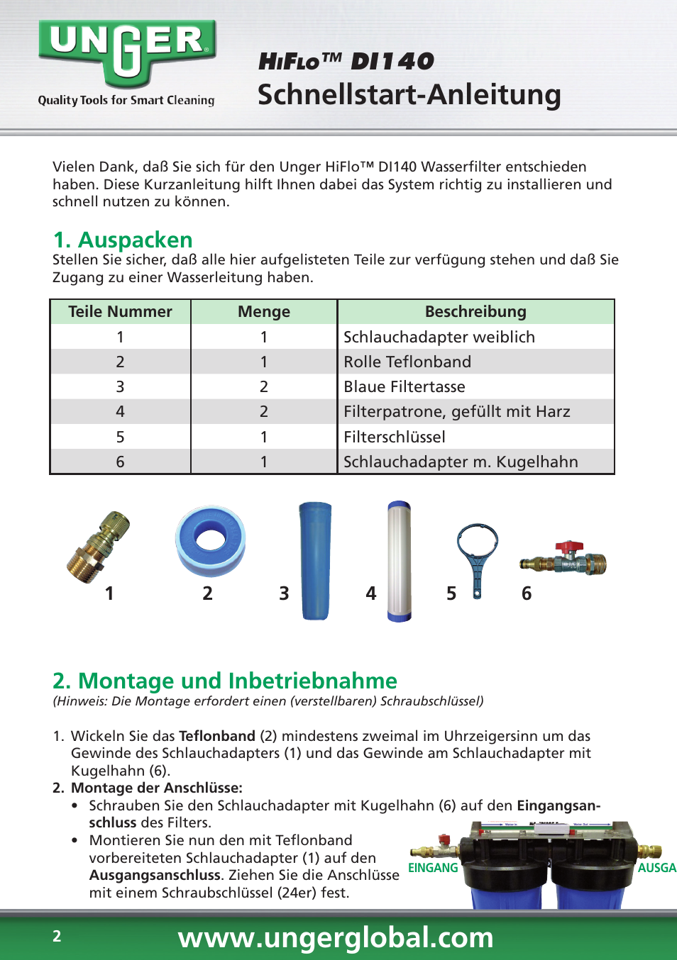 Schnellstart-anleitung, Di140, Auspacken | Montage und inbetriebnahme | Unger DI140 User Manual | Page 2 / 28