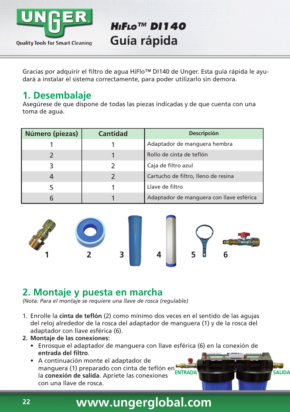Guía rápida, Di140, Desembalaje | Montaje y puesta en marcha | Unger DI140 User Manual | Page 22 / 28
