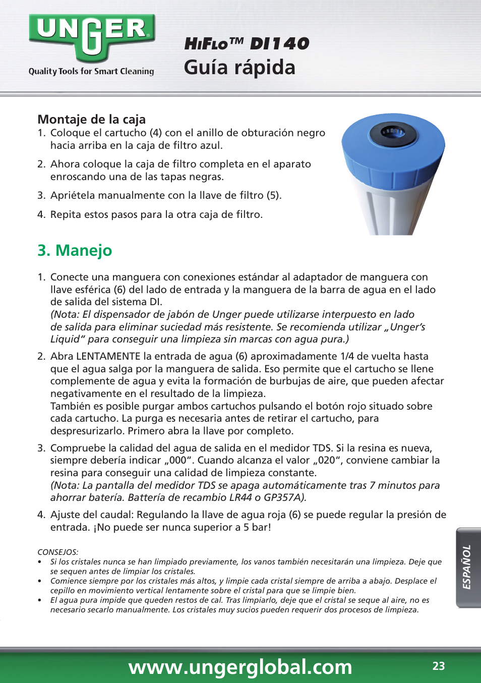 Guía rápida, Di140, Manejo | Unger DI140 User Manual | Page 23 / 28