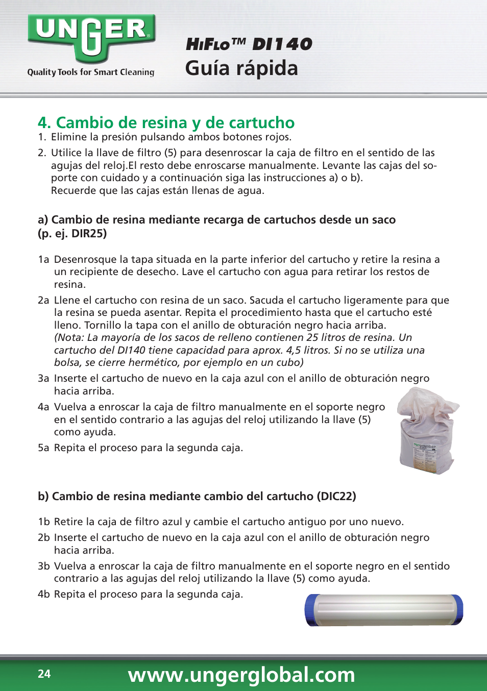 Guía rápida, Di140, Cambio de resina y de cartucho | Unger DI140 User Manual | Page 24 / 28