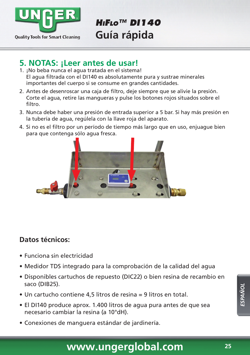 Guía rápida, Di140, Notas: ¡leer antes de usar | Unger DI140 User Manual | Page 25 / 28