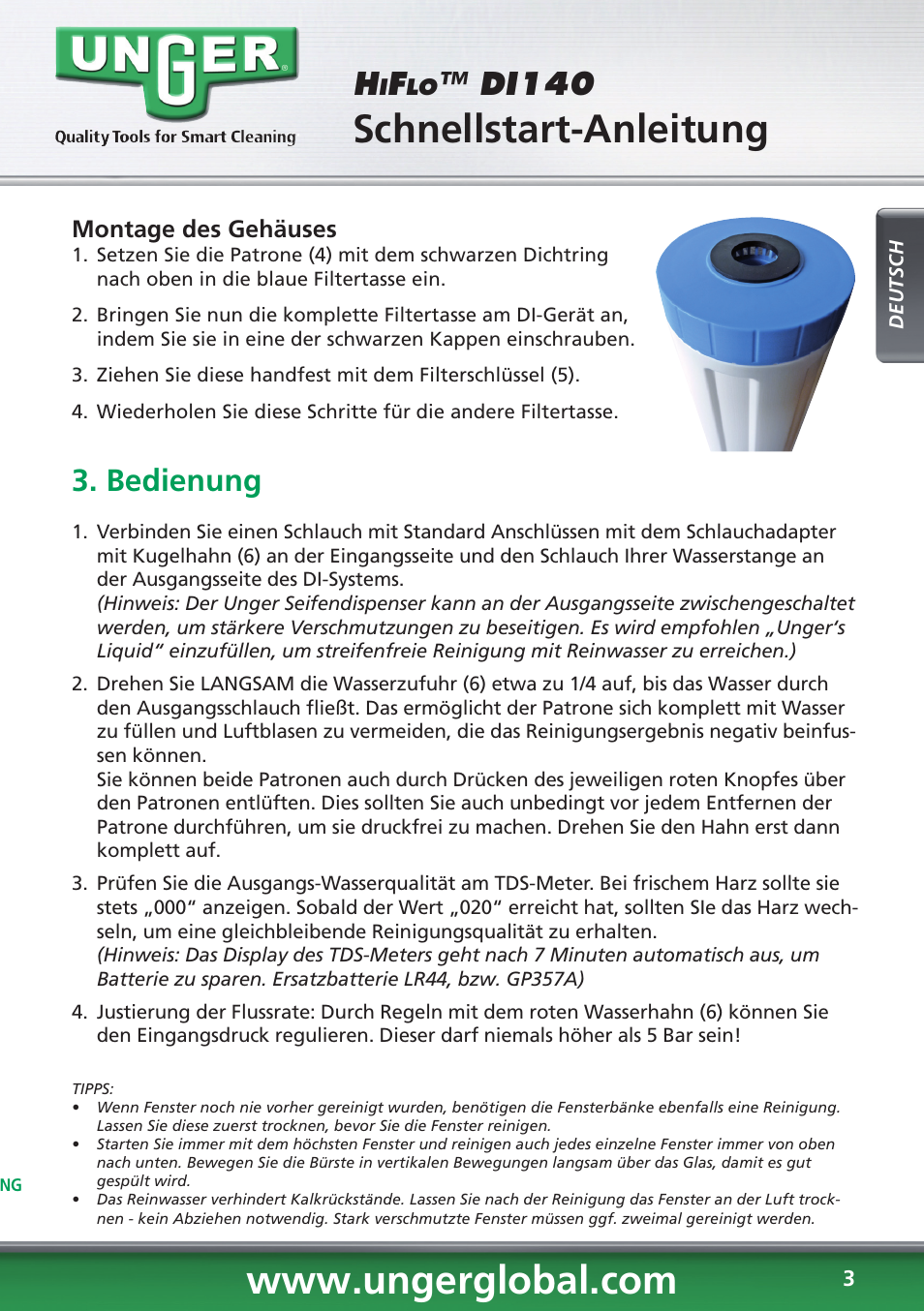 Schnellstart-anleitung, Di140, Bedienung | Unger DI140 User Manual | Page 3 / 28