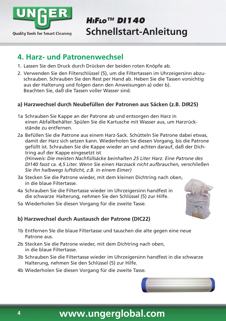 Schnellstart-anleitung, Di140, Harz- und patronenwechsel | Unger DI140 User Manual | Page 4 / 28
