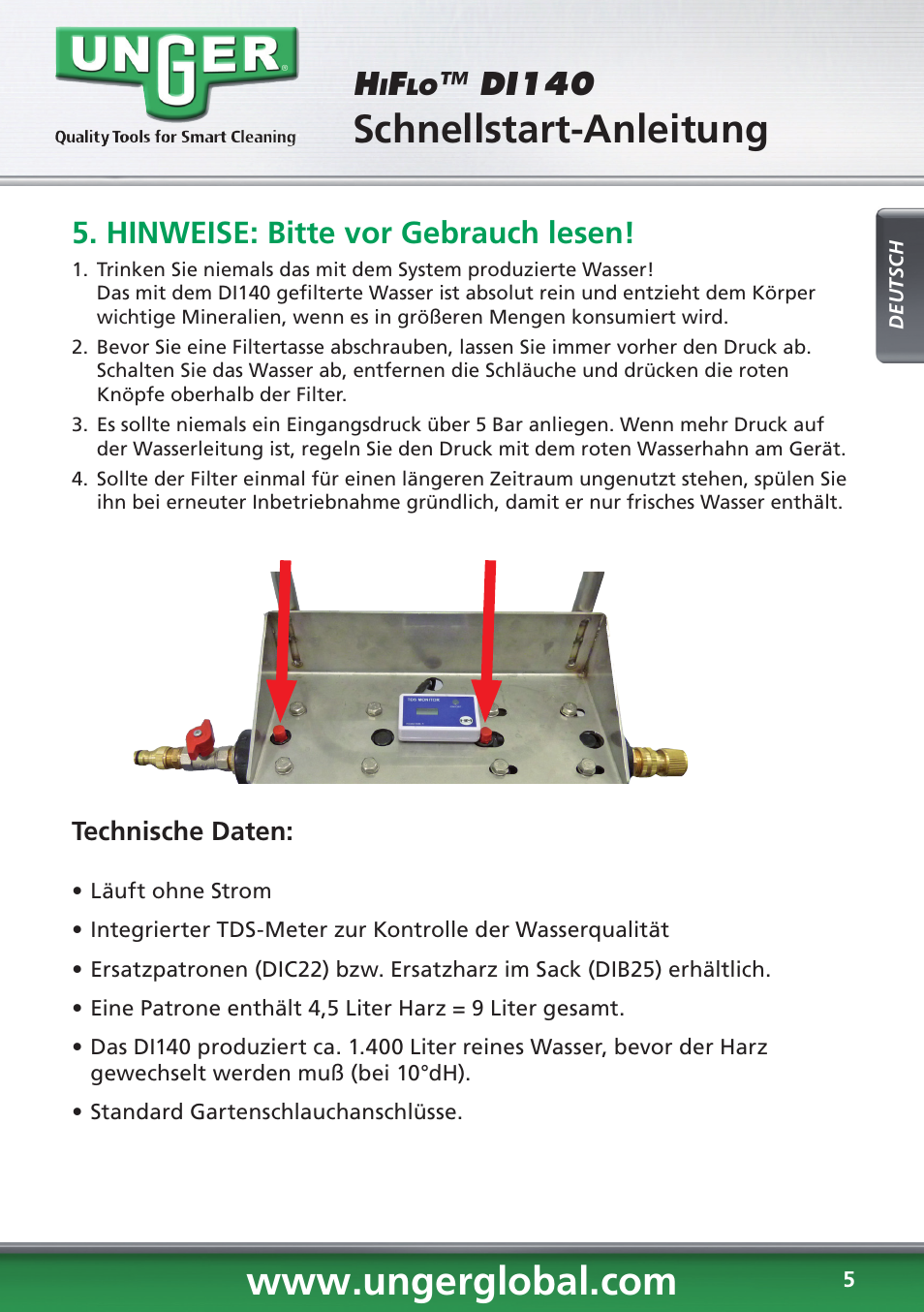 Schnellstart-anleitung, Di140, Hinweise: bitte vor gebrauch lesen | Unger DI140 User Manual | Page 5 / 28