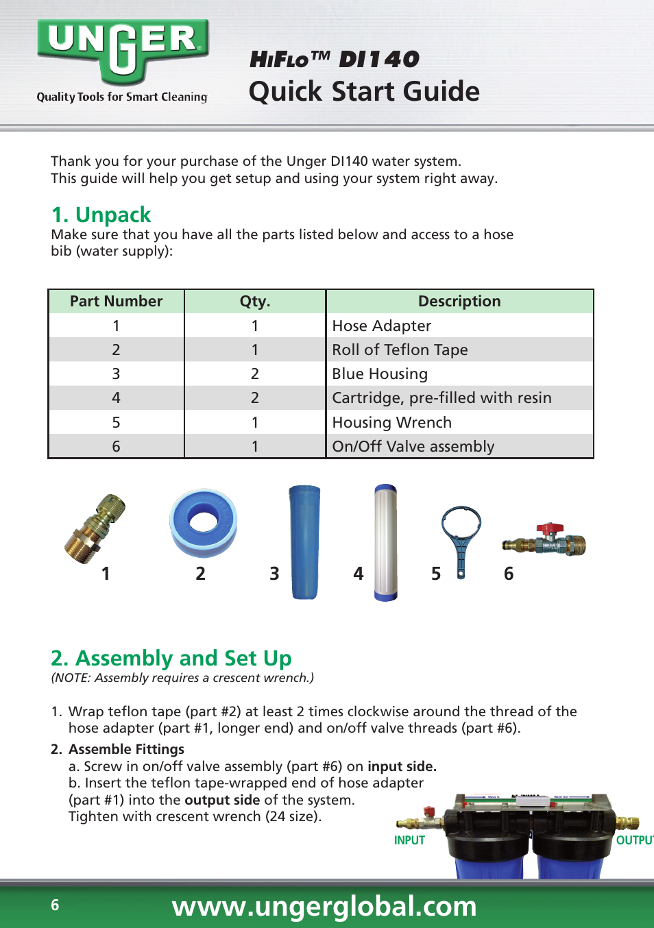 Quick start guide, Di140, Unpack | Assembly and set up | Unger DI140 User Manual | Page 6 / 28