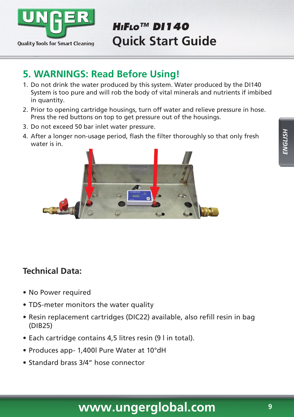 Quick start guide, Di140, Warnings: read before using | Unger DI140 User Manual | Page 9 / 28