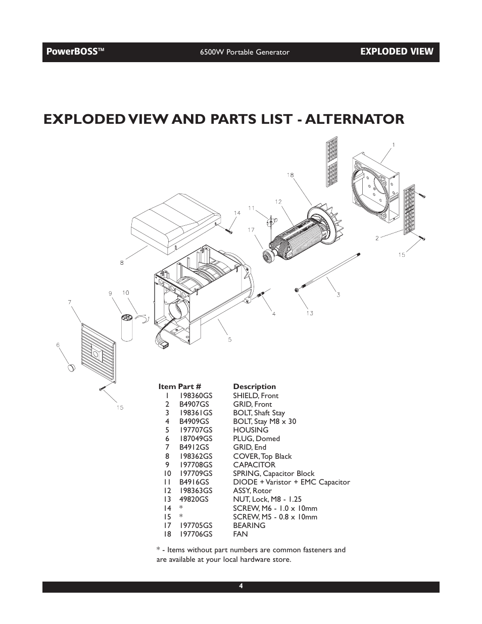 Exploded view and parts list - alternator | Briggs & Stratton 030227 User Manual | Page 4 / 6
