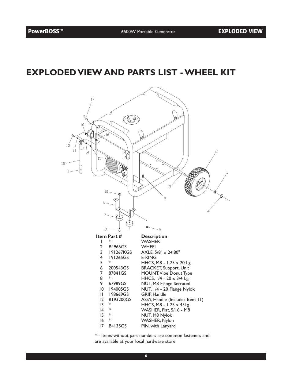 Exploded view and parts list - wheel kit | Briggs & Stratton 030227 User Manual | Page 6 / 6