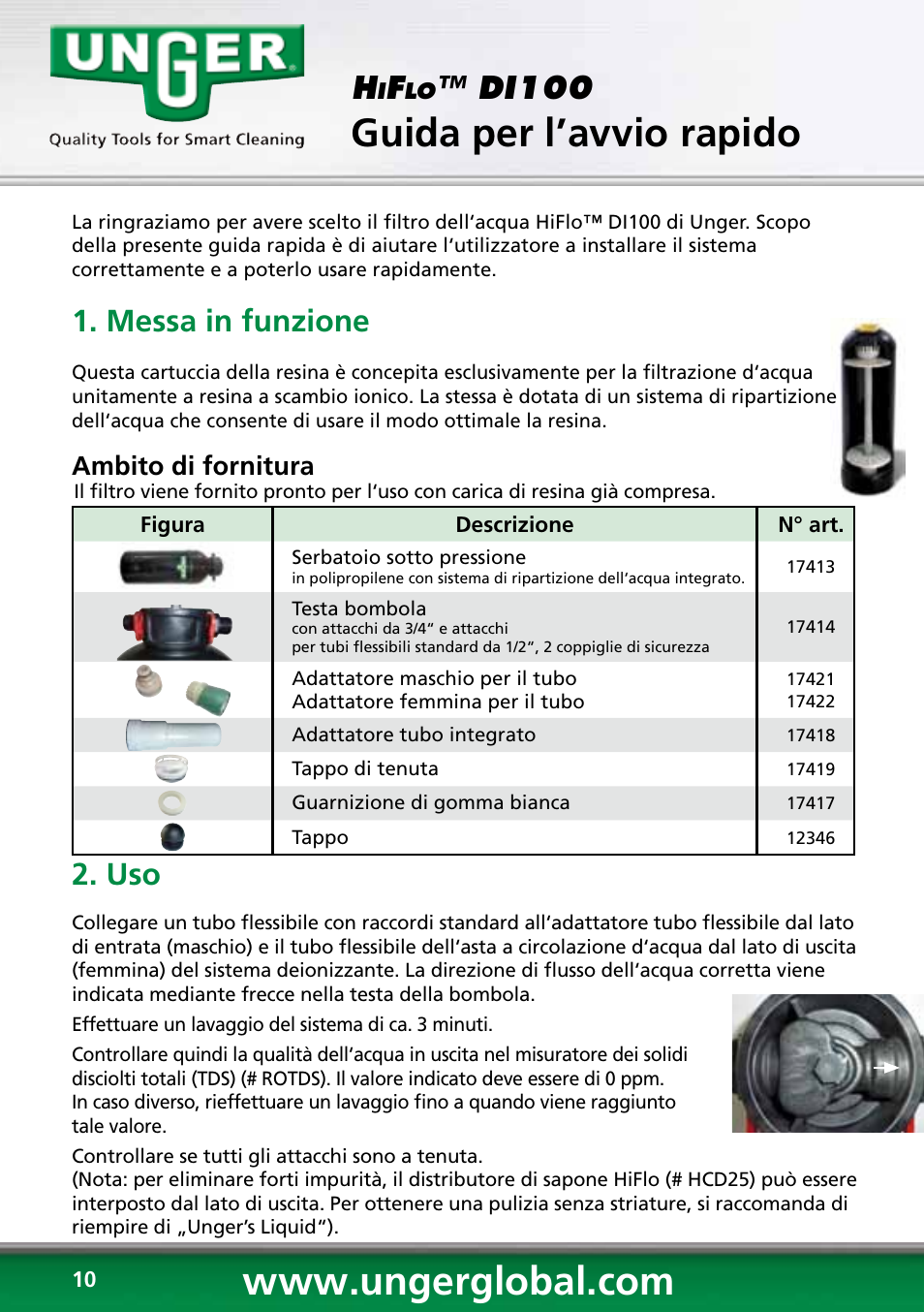 Guida per l’avvio rapido, Di100, Messa in funzione | Ambito di fornitura | Unger DI100 User Manual | Page 10 / 16