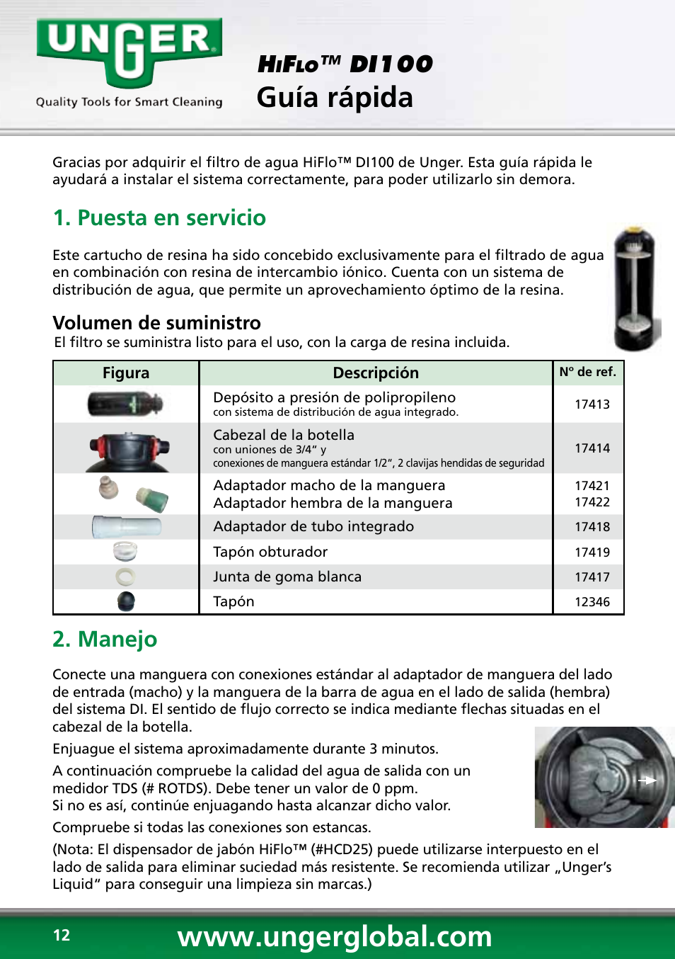 Guía rápida, Di100, Puesta en servicio | Manejo, Volumen de suministro | Unger DI100 User Manual | Page 12 / 16