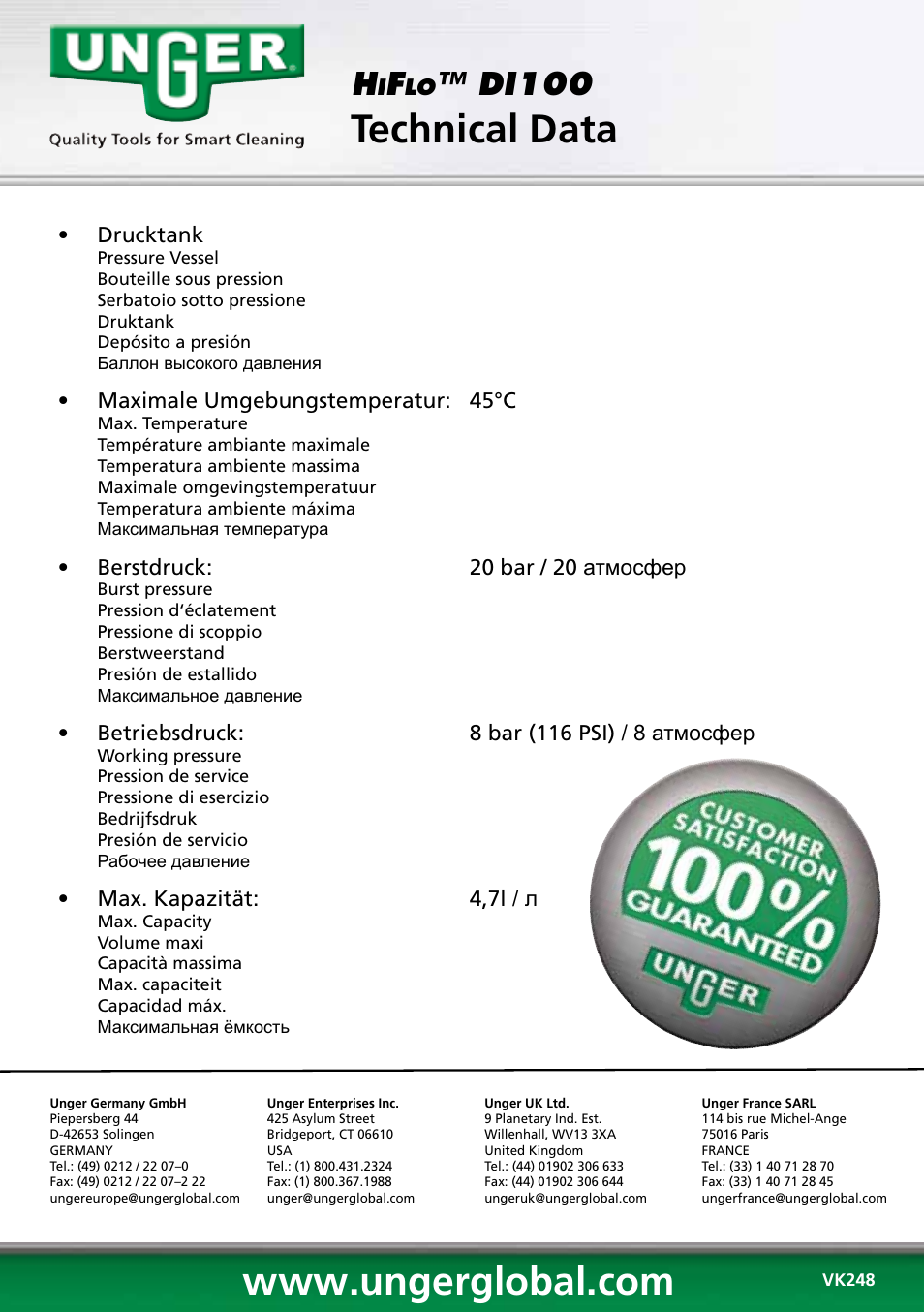 Technical data, Di100 | Unger DI100 User Manual | Page 16 / 16