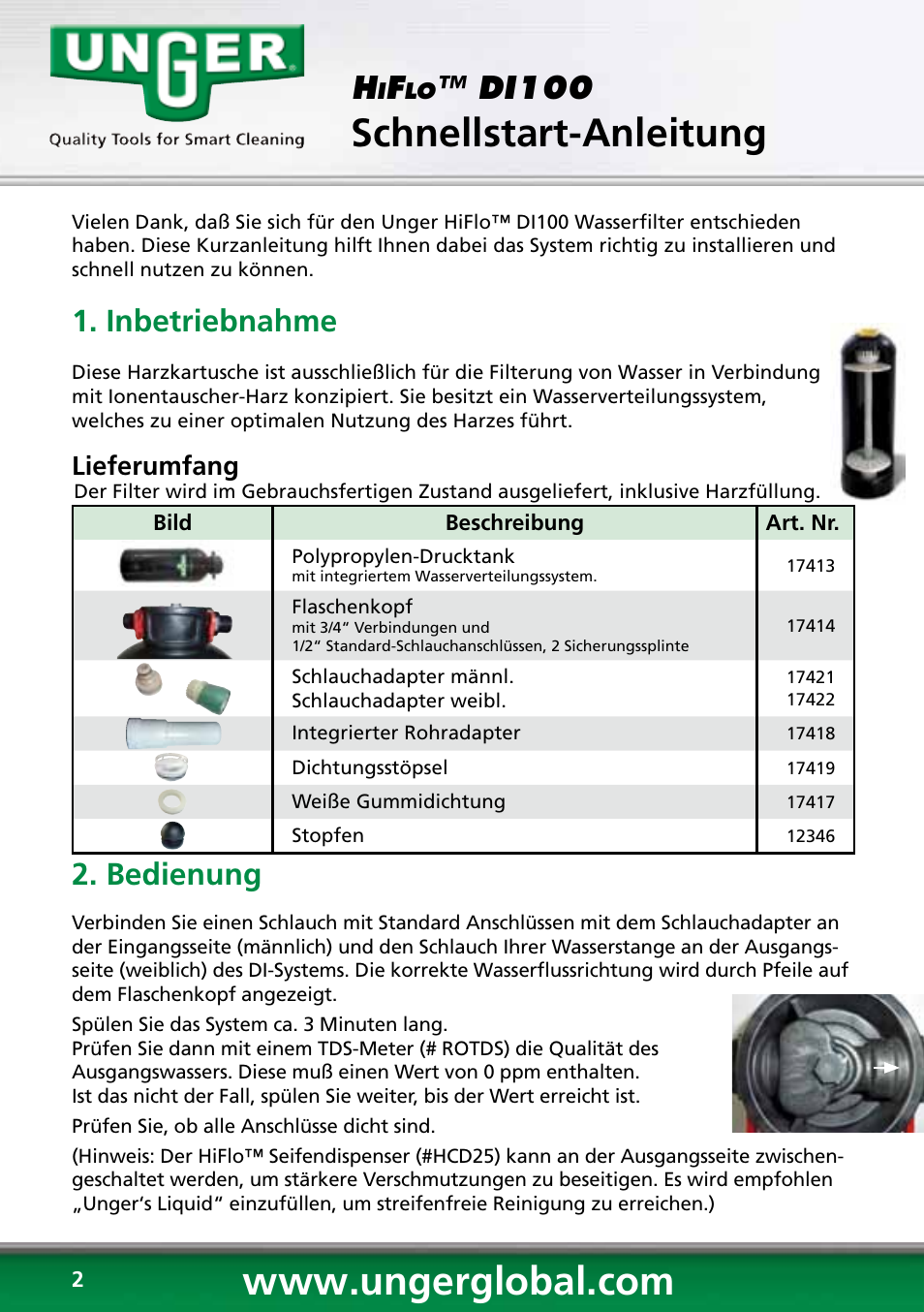 Schnellstart-anleitung, Di100, Inbetriebnahme | Bedienung, Lieferumfang | Unger DI100 User Manual | Page 2 / 16