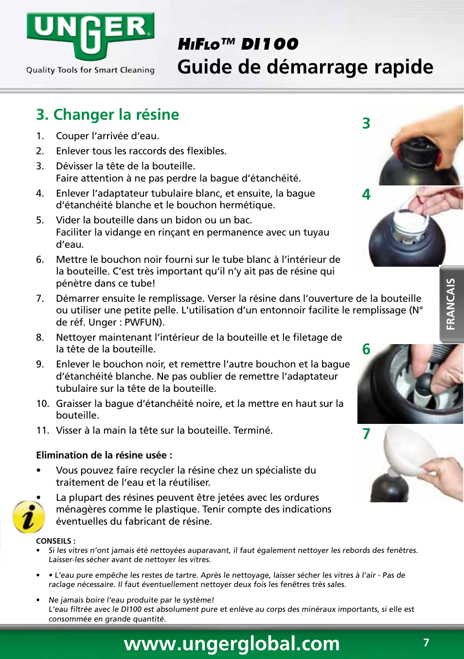 Guide de démarrage rapide, Changer la résine, Di100 | Unger DI100 User Manual | Page 7 / 16