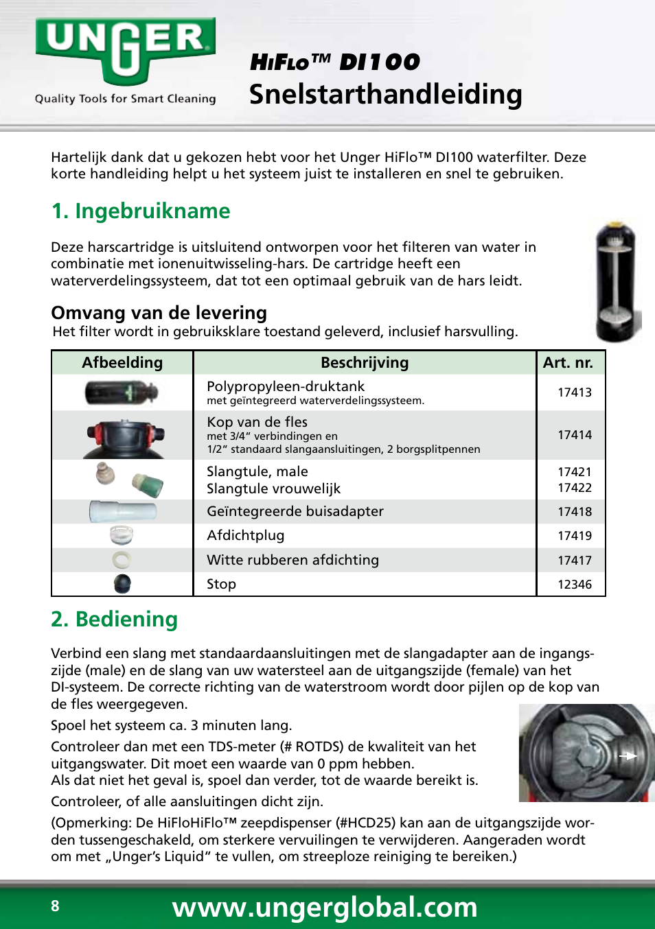 Snelstarthandleiding, Di100, Ingebruikname | Bediening, Omvang van de levering | Unger DI100 User Manual | Page 8 / 16