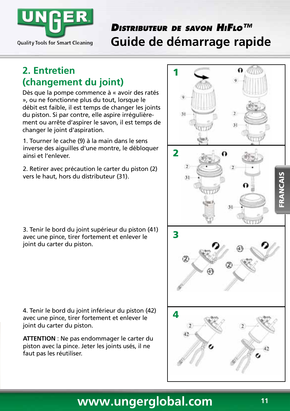 Guide de démarrage rapide, 12 3 4 d, Entretien (changement du joint) | Unger HCD25 User Manual | Page 11 / 28