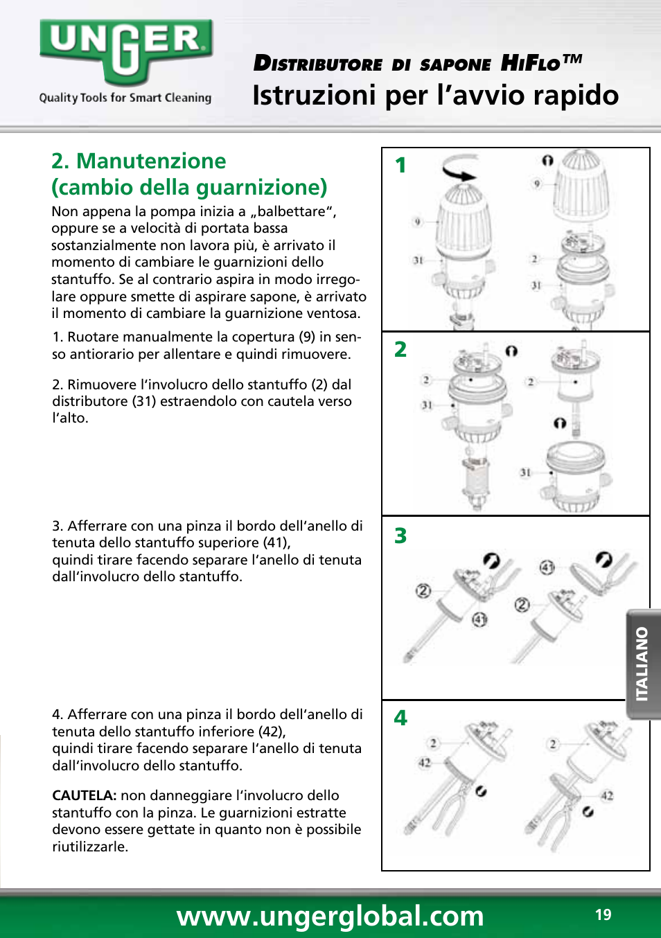 Istruzioni per l’avvio rapido, 12 3 4 d, Manutenzione (cambio della guarnizione) | Unger HCD25 User Manual | Page 19 / 28