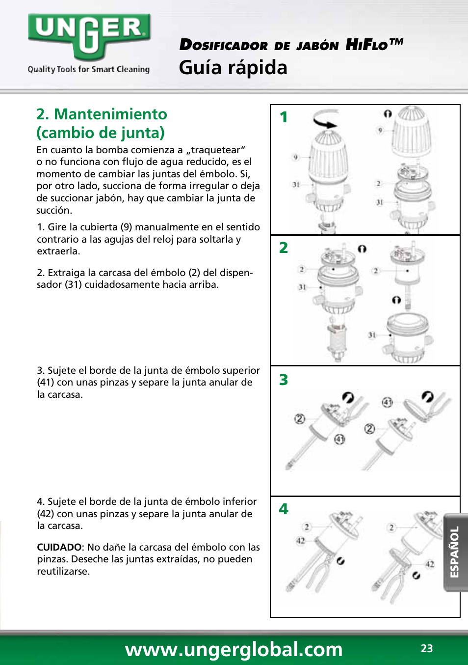 Guía rápida, 12 3 4 d, Mantenimiento (cambio de junta) | Unger HCD25 User Manual | Page 23 / 28