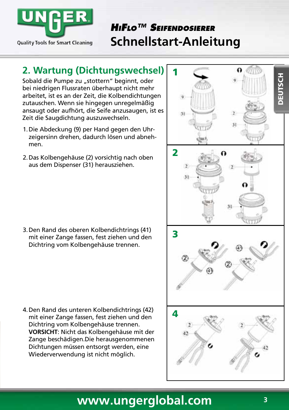 Schnellstart-anleitung, 12 3 4 h, Wartung (dichtungswechsel) | Unger HCD25 User Manual | Page 3 / 28