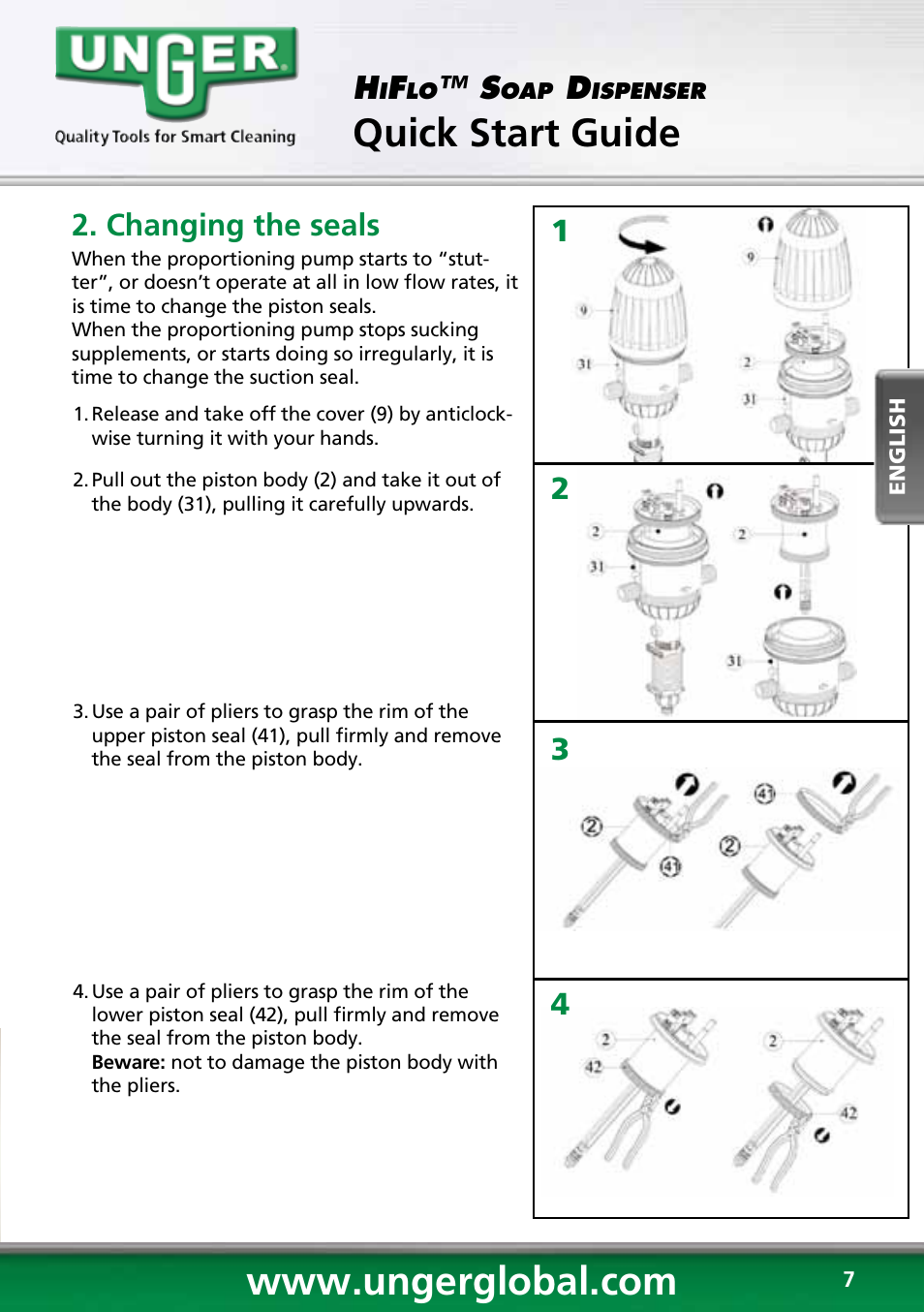 Quick start guide, 12 3 4 h, Changing the seals | Unger HCD25 User Manual | Page 7 / 28