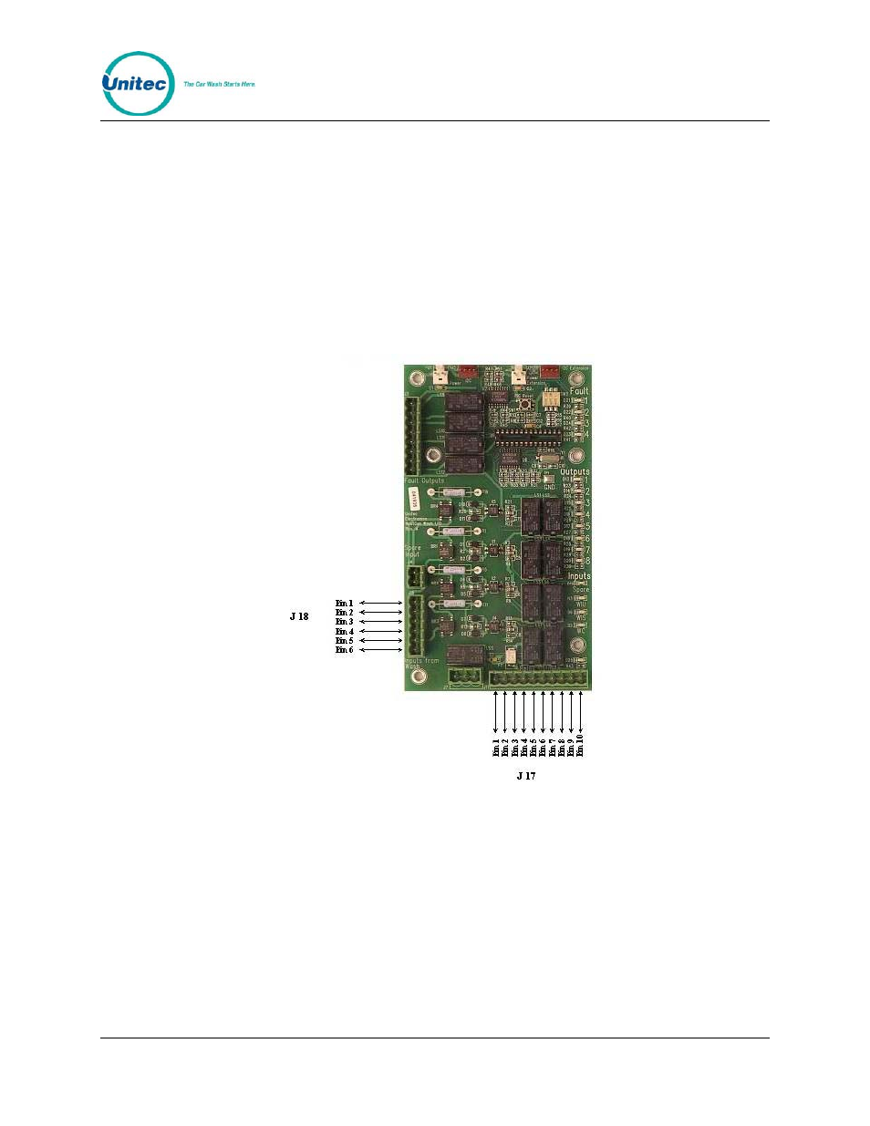 3 wash control wiring, 1 overview, Wash control wiring | Overview, Figure 6. wash i/o board connector pinouts | Unitec C-Start Installation Manual User Manual | Page 13 / 24