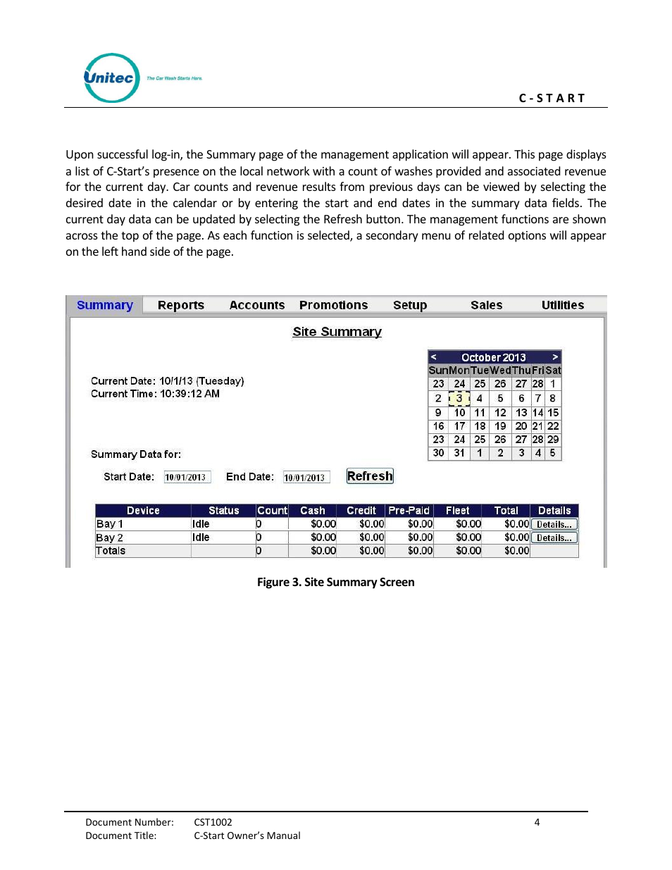 Figure 2. site summary screen | Unitec C-Start Owner’s Manual User Manual | Page 12 / 68