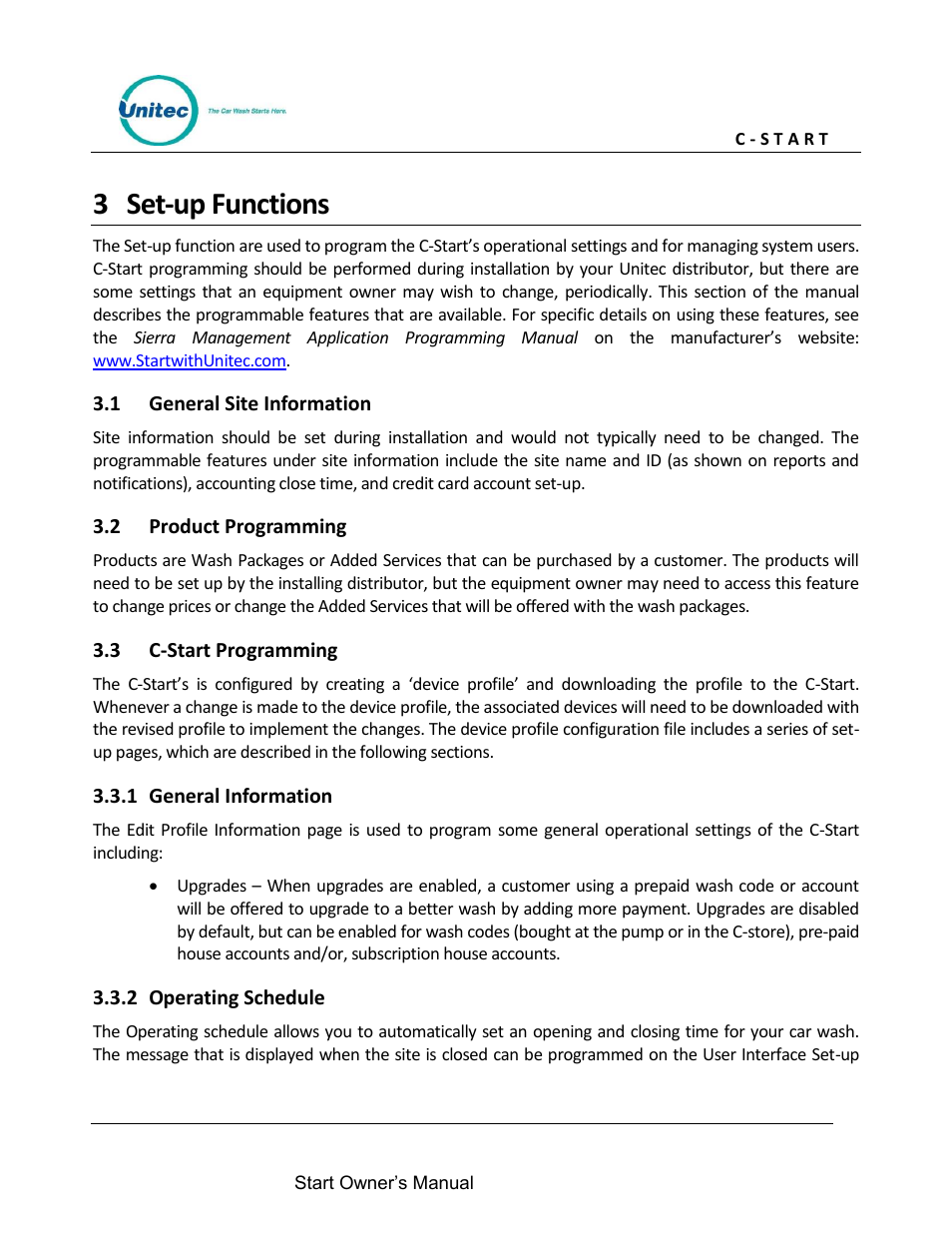 Set-up functions, General site information, Product programming | C-start programming, General information, Operating schedule, 3 set-up functions | Unitec C-Start Owner’s Manual User Manual | Page 13 / 68