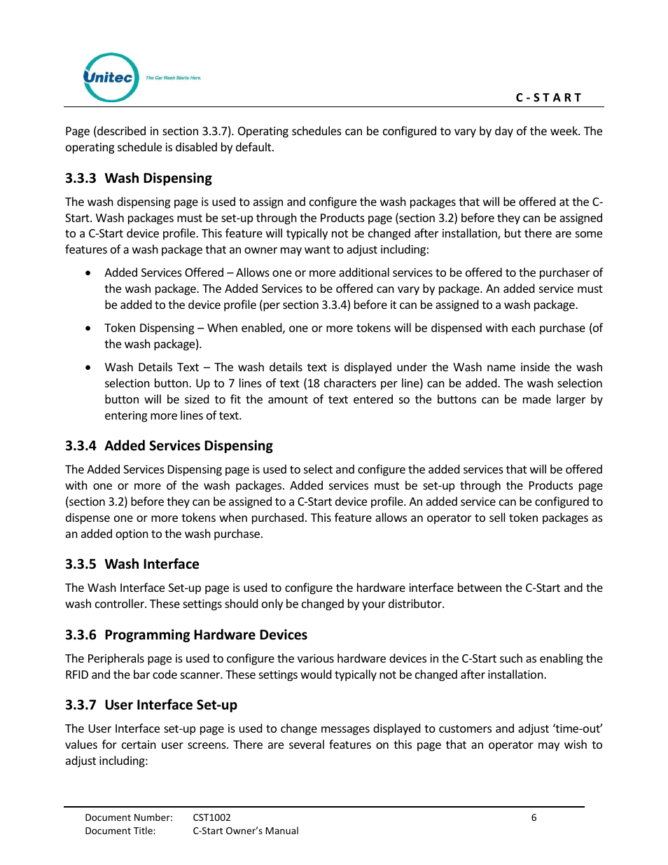 Wash dispensing, Added services dispensing, Wash interface | Programming hardware devices, User interface set-up | Unitec C-Start Owner’s Manual User Manual | Page 14 / 68