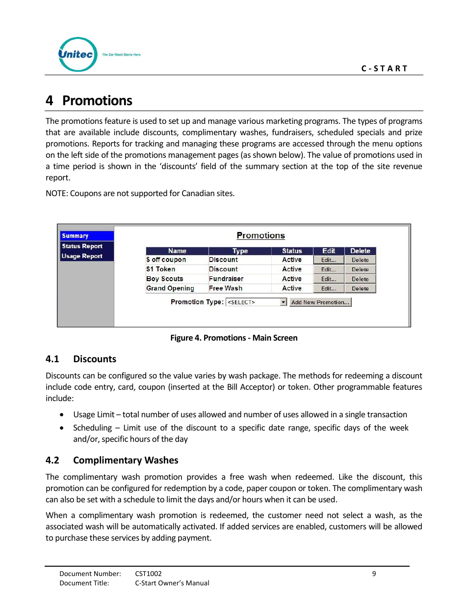 Promotions, Discounts, Complimentary washes | Figure 4. promotions - main screen, 4 promotions | Unitec C-Start Owner’s Manual User Manual | Page 17 / 68