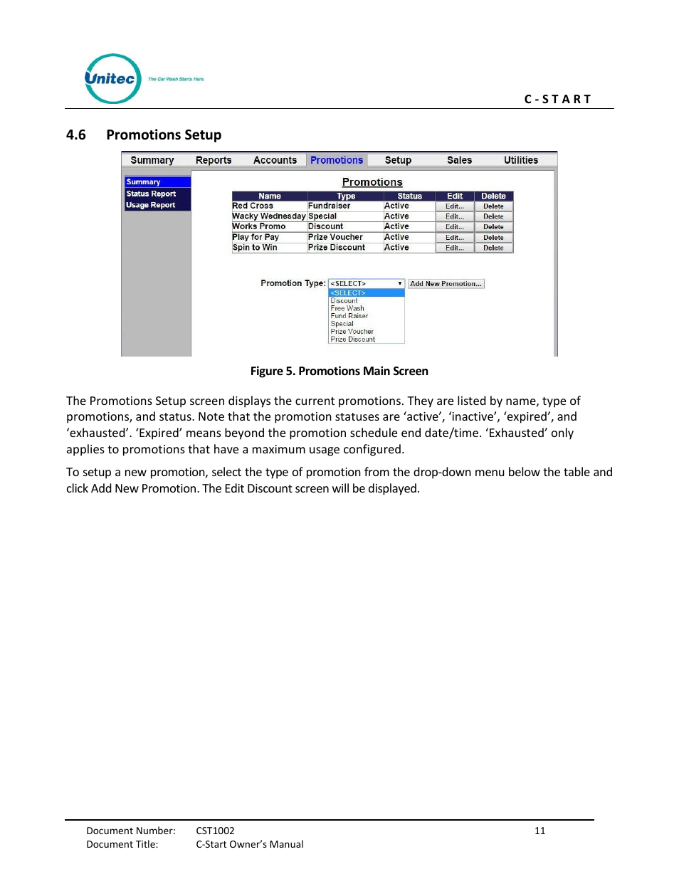 Promotions setup, Figure 5. promotions main screen | Unitec C-Start Owner’s Manual User Manual | Page 19 / 68