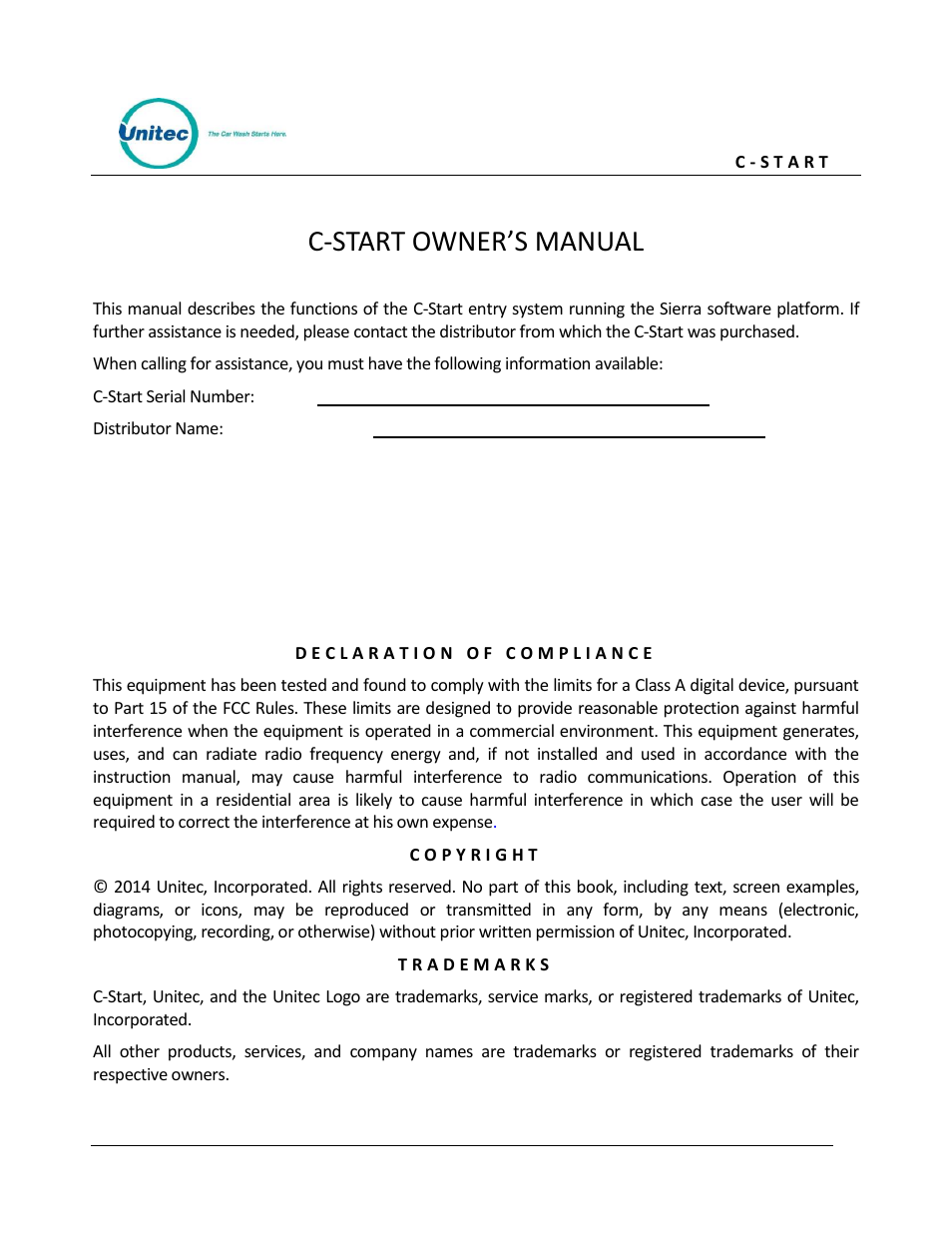 C-start owner’s manual | Unitec C-Start Owner’s Manual User Manual | Page 2 / 68