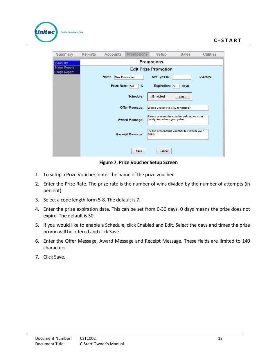 Figure 7. prize voucher setup screen | Unitec C-Start Owner’s Manual User Manual | Page 21 / 68