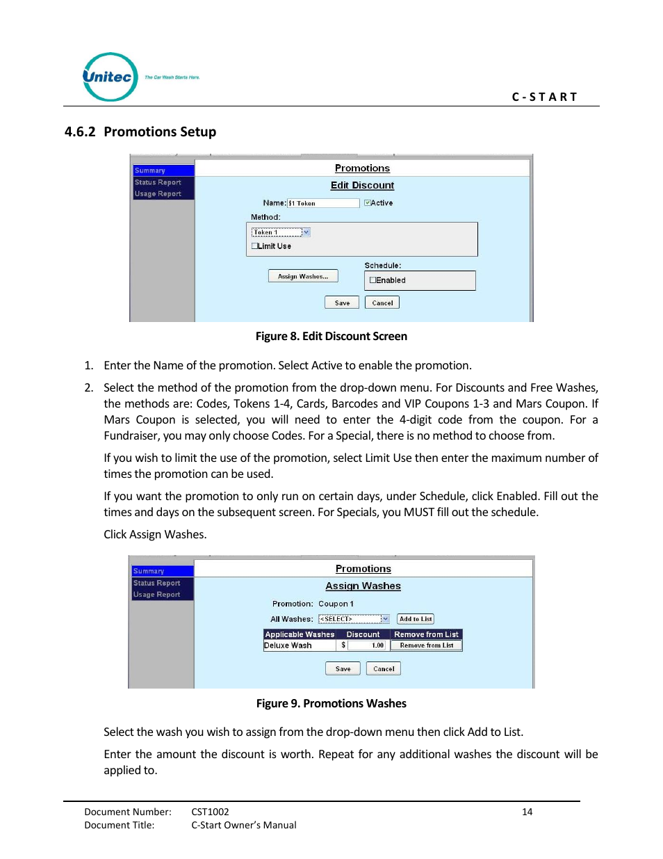 Promotions setup, Figure 8. edit discount screen, Figure 9. promotions washes | 2 promotions setup | Unitec C-Start Owner’s Manual User Manual | Page 22 / 68