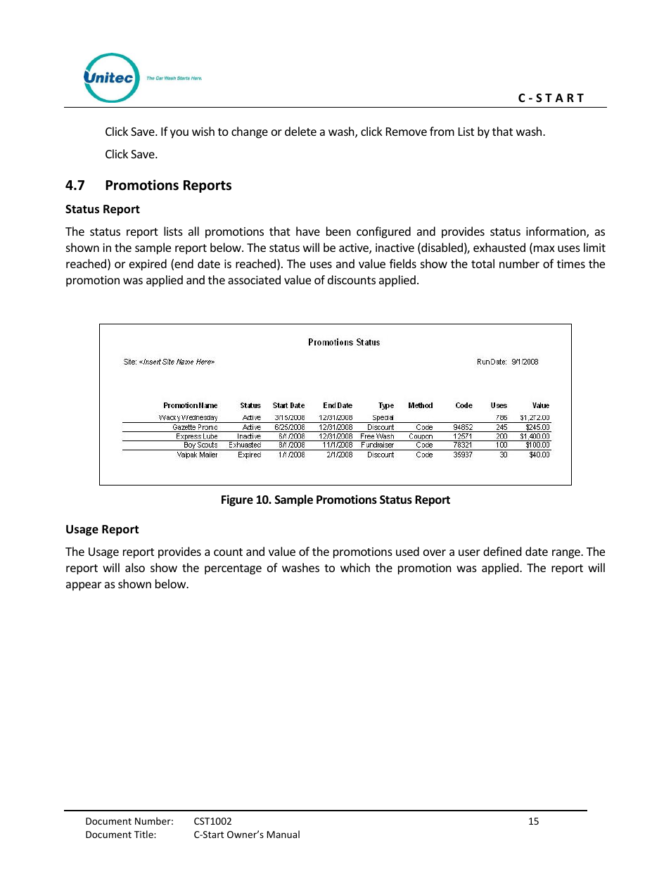 Promotions reports, Figure 10. sample promotions status report, 7 promotions reports | Unitec C-Start Owner’s Manual User Manual | Page 23 / 68