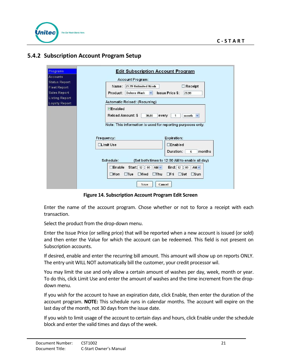 Subscription account program setup, 2 subscription account program setup | Unitec C-Start Owner’s Manual User Manual | Page 29 / 68