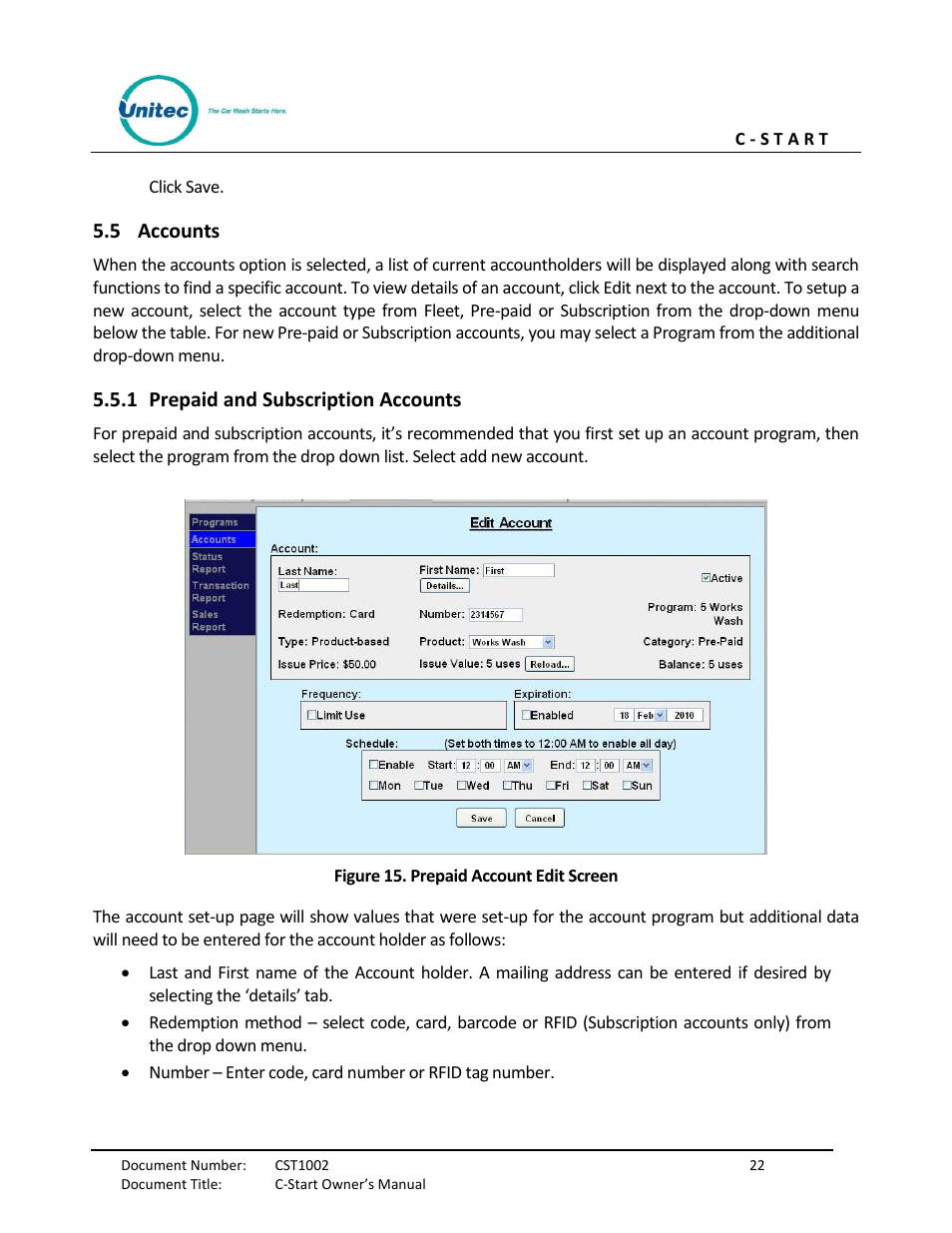 Accounts, Prepaid and subscription accounts, Figure 15. prepaid account edit screen | 5 accounts, 1 prepaid and subscription accounts | Unitec C-Start Owner’s Manual User Manual | Page 30 / 68