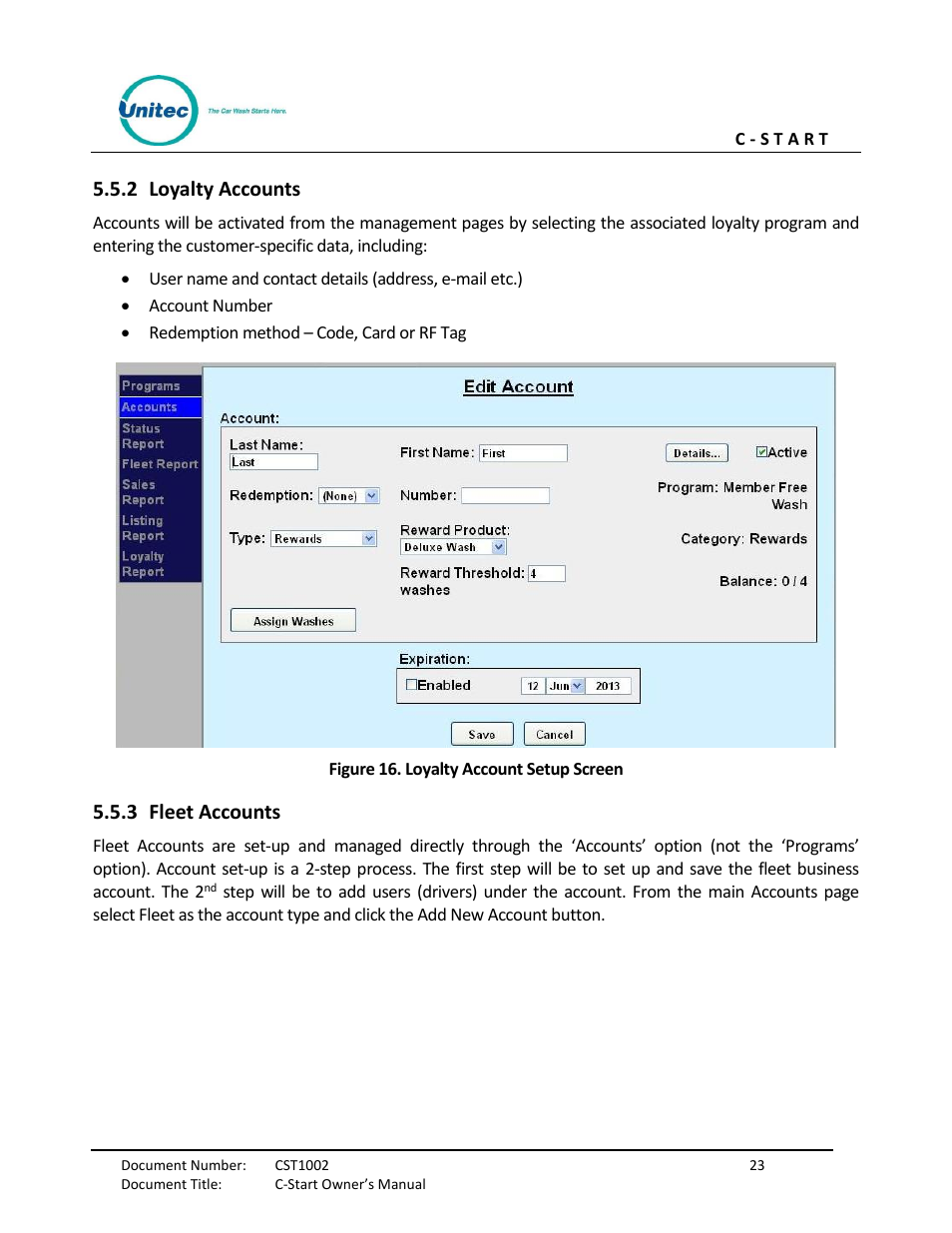 Loyalty accounts, Fleet accounts, Figure 16. loyalty account setup screen | 2 loyalty accounts, 3 fleet accounts | Unitec C-Start Owner’s Manual User Manual | Page 31 / 68