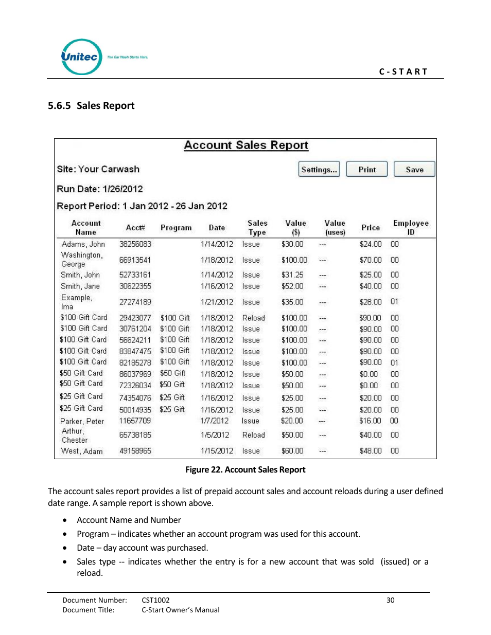 Sales report, Figure 22. account sales report, 5 sales report | Unitec C-Start Owner’s Manual User Manual | Page 38 / 68