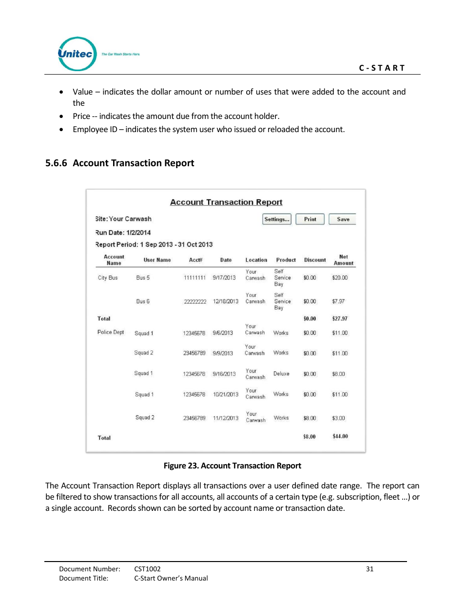 Account transaction report, Figure 23. account transaction report, 6 account transaction report | Unitec C-Start Owner’s Manual User Manual | Page 39 / 68