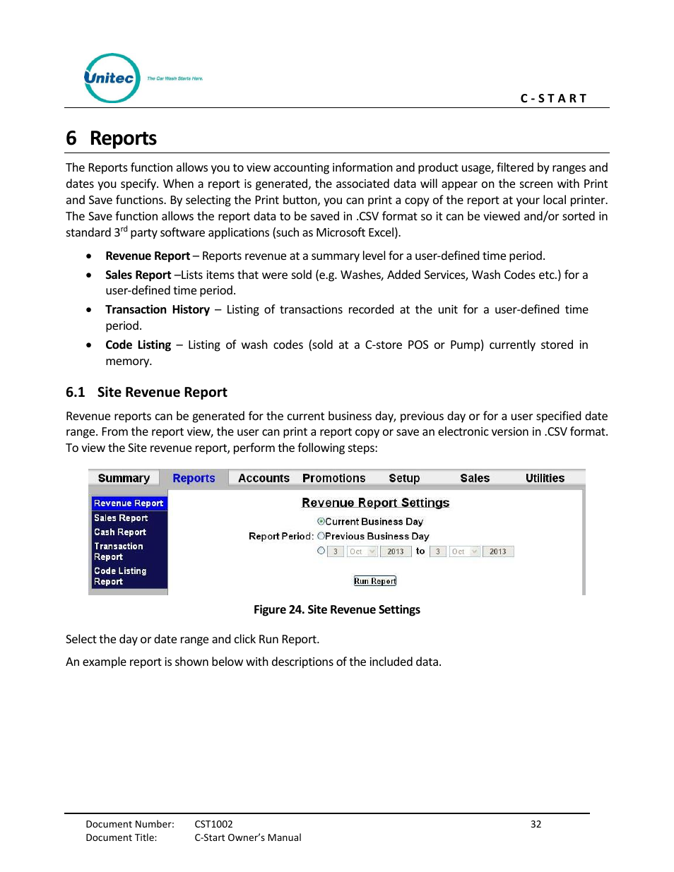 Reports, Site revenue report, Figure 24. site revenue settings | 6 reports | Unitec C-Start Owner’s Manual User Manual | Page 40 / 68