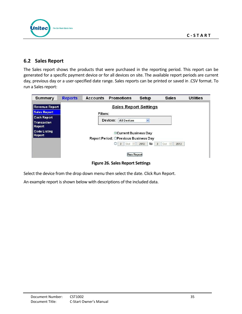 Sales report, Figure 26. sales report settings, 2 sales report | Unitec C-Start Owner’s Manual User Manual | Page 43 / 68